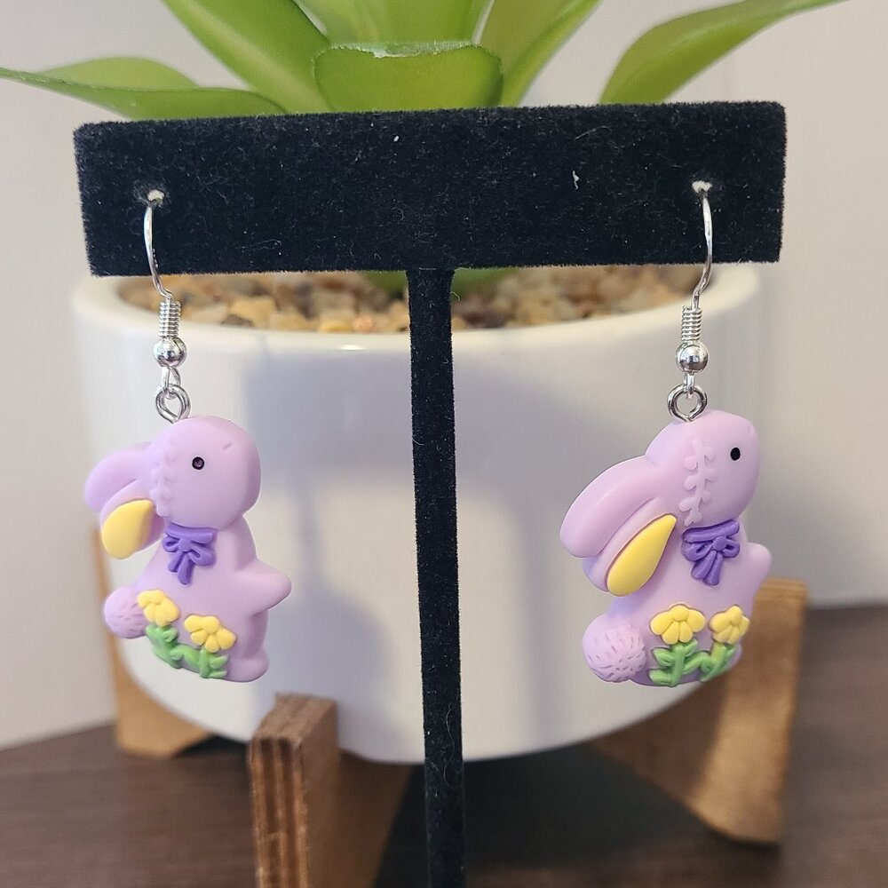 Handcrafted Purple Bunny Dangle Drop Earrings NEW Female Easter Event‎ Outdoors